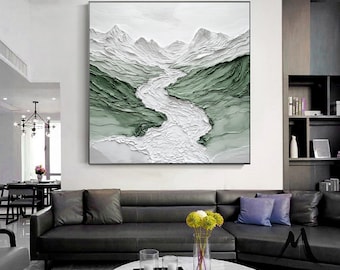 Pintura abstrata de grandes dimensões: Paisagem montanhosa texturizada - Tons de branco e verde