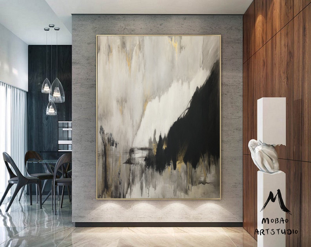 Original Gray Abstract Minimalist Art Painting, Gold Painting Black