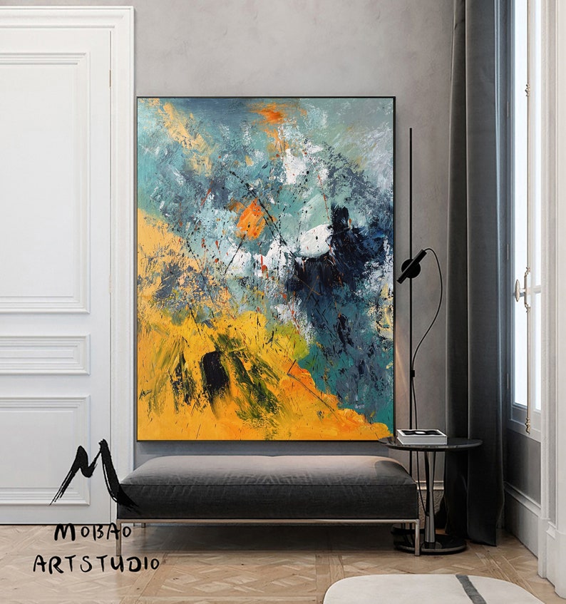 Original Green Abstract Painting Yellow Minimalist Painting Etsy