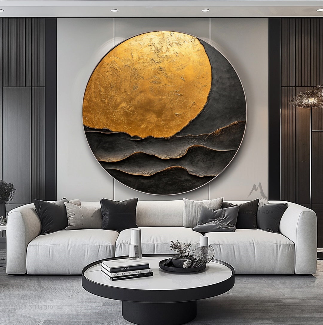 Circle Black 3D Textured Painting Black and Gold Textured Wall Art Glod