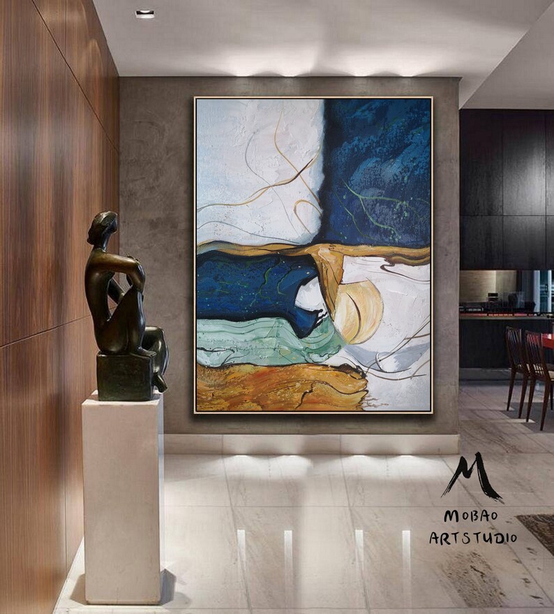 Large Blue Abstract Painting Beige Wall Art Beige Canvas Etsy
