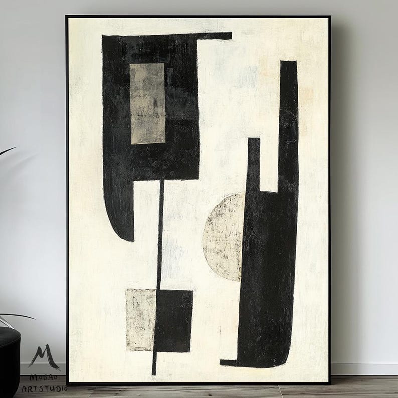 Beige Abstract Painting Black Canvas Painting Beige Minimalist Painting Beige Canvas Wall Art Black Minimalist Wall Art Living Room Wall Art