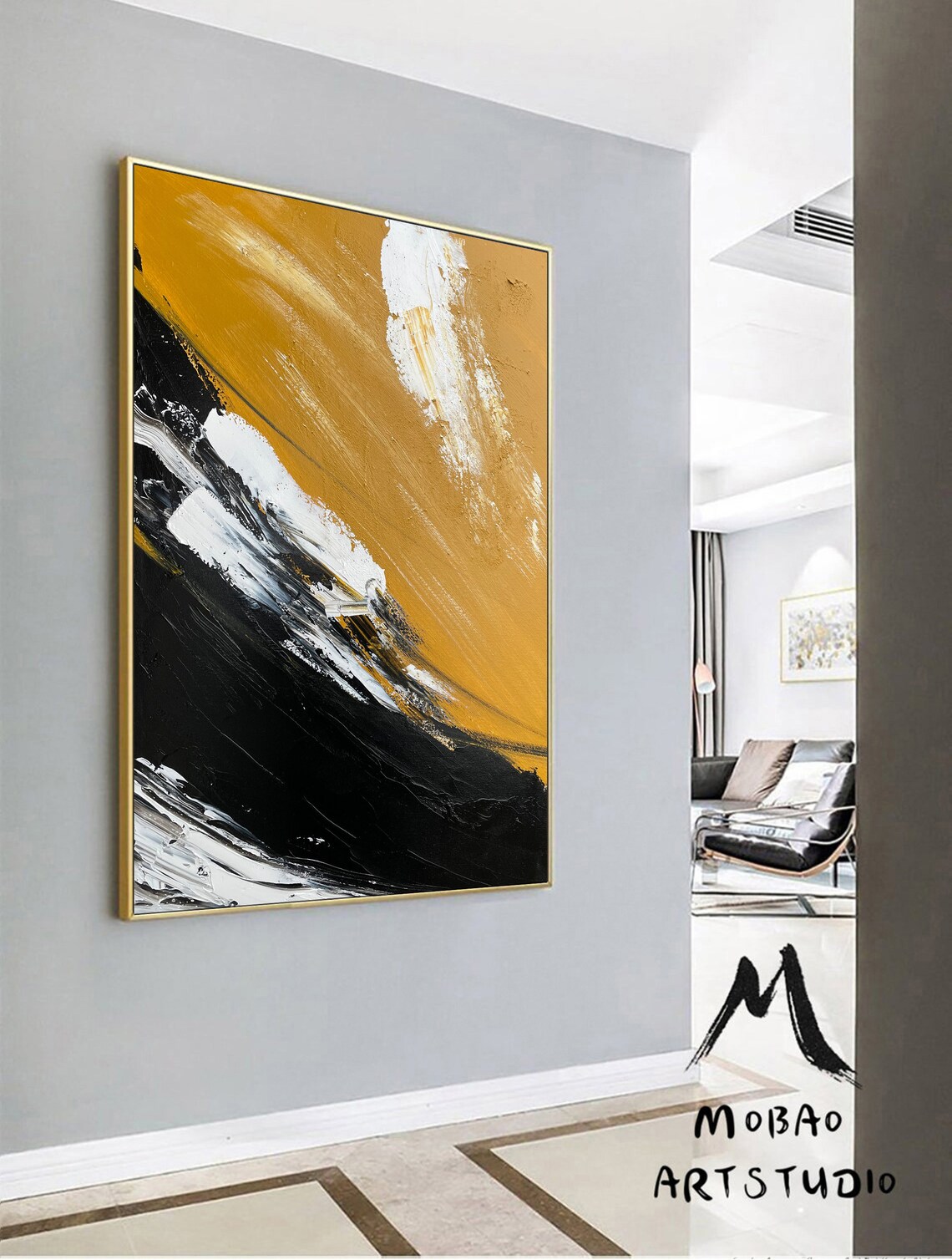 Large Yellow Painting Abstract Art Extra Large Black Painting Etsy