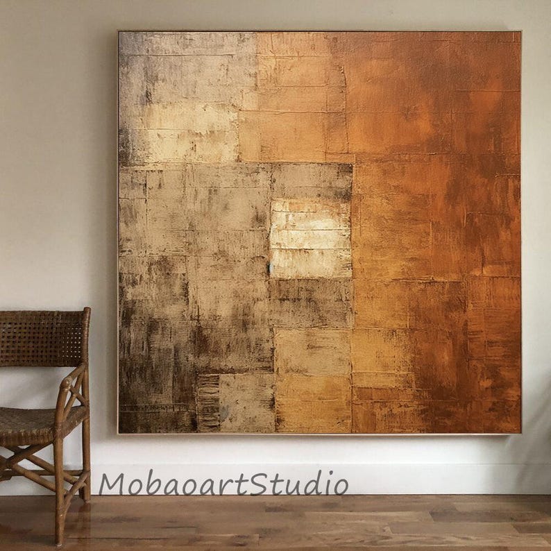 Pintura abstrata com textura: tela marrom e laranja (opções de tamanho personalizado) imagem 2