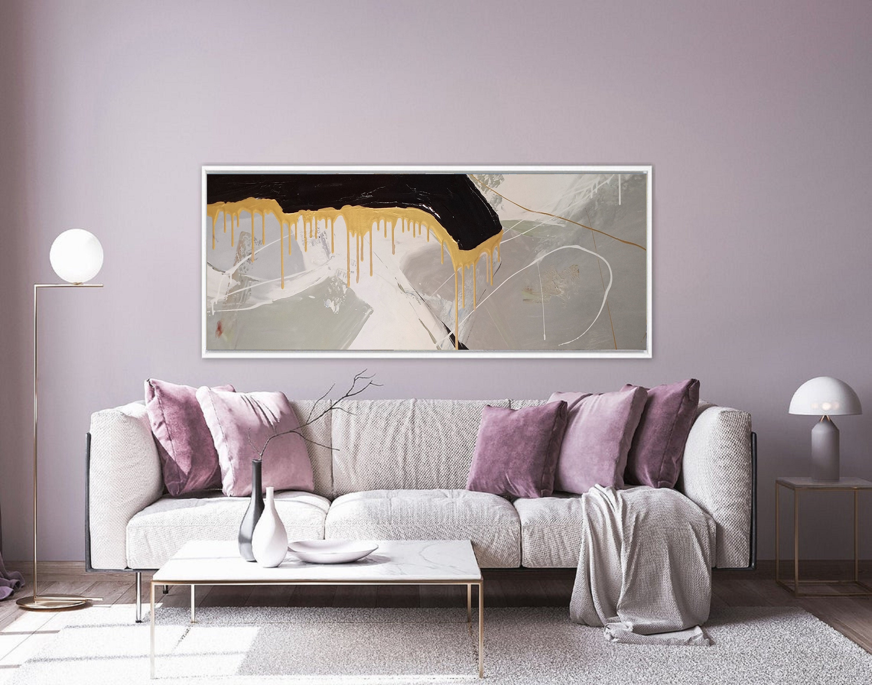 Sofa Wall Art Large Gray Minimalist Abstract Painting Gold Etsy