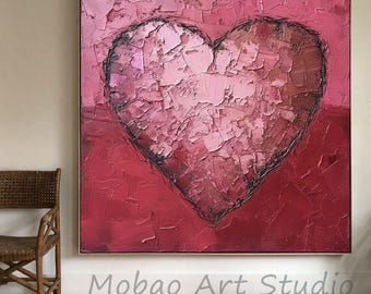 Pink Love Abstract Canvas - Textured  Artwork - Hand Painted, Custom Size Options, Modern Wall Decor