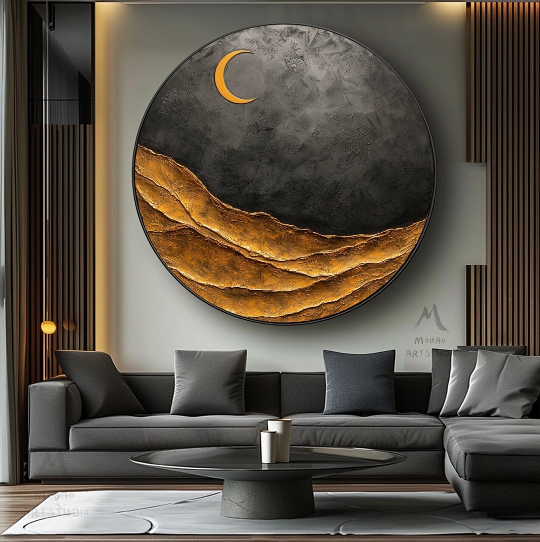 Circle Gold 3D Textured Painting Moon Painting Black and Gold Textured