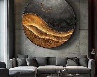 Large Abstract Circle Painting: Gold and Black Texture (Hand-Painted)