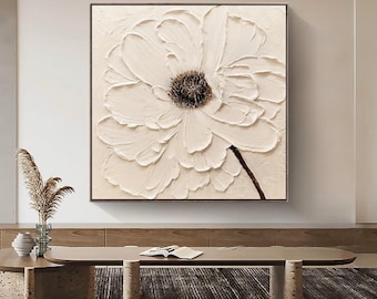 Arte de parede floral: Pintura abstrata bege grande - Tela pintada à mão