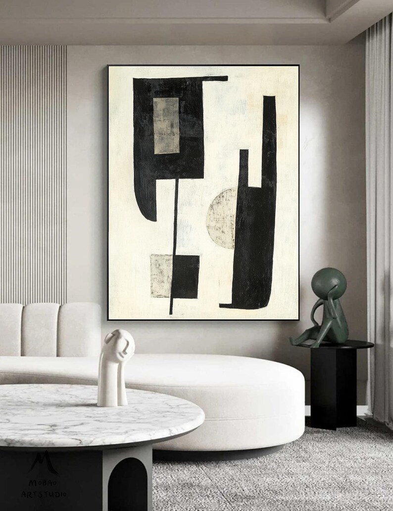 Beige Abstract Painting Black Canvas Painting Beige Minimalist Painting Beige Canvas Wall Art Black Minimalist Wall Art Living Room Wall Art