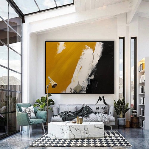 Black Abstract Painting Original, shops Yellow Painting White Painting,Minimalist Abstract Art,White Abstract Painting,Modern Living Room Art