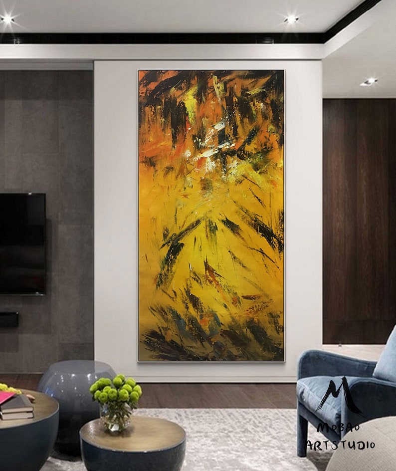 Large Yellow Paintingblack Abstract Canvas Etsy