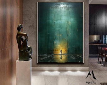 May include: A large rectangular painting featuring a deep teal and green textured background with a central vertical light source and a small silhouette of a person standing at the base. A bronze-colored sculpture of a seated figure sits on a white pedestal.