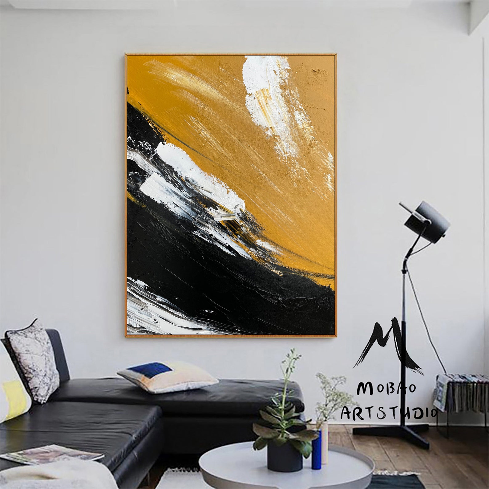 Large Yellow Painting Abstract Art Extra Large Black Painting Etsy