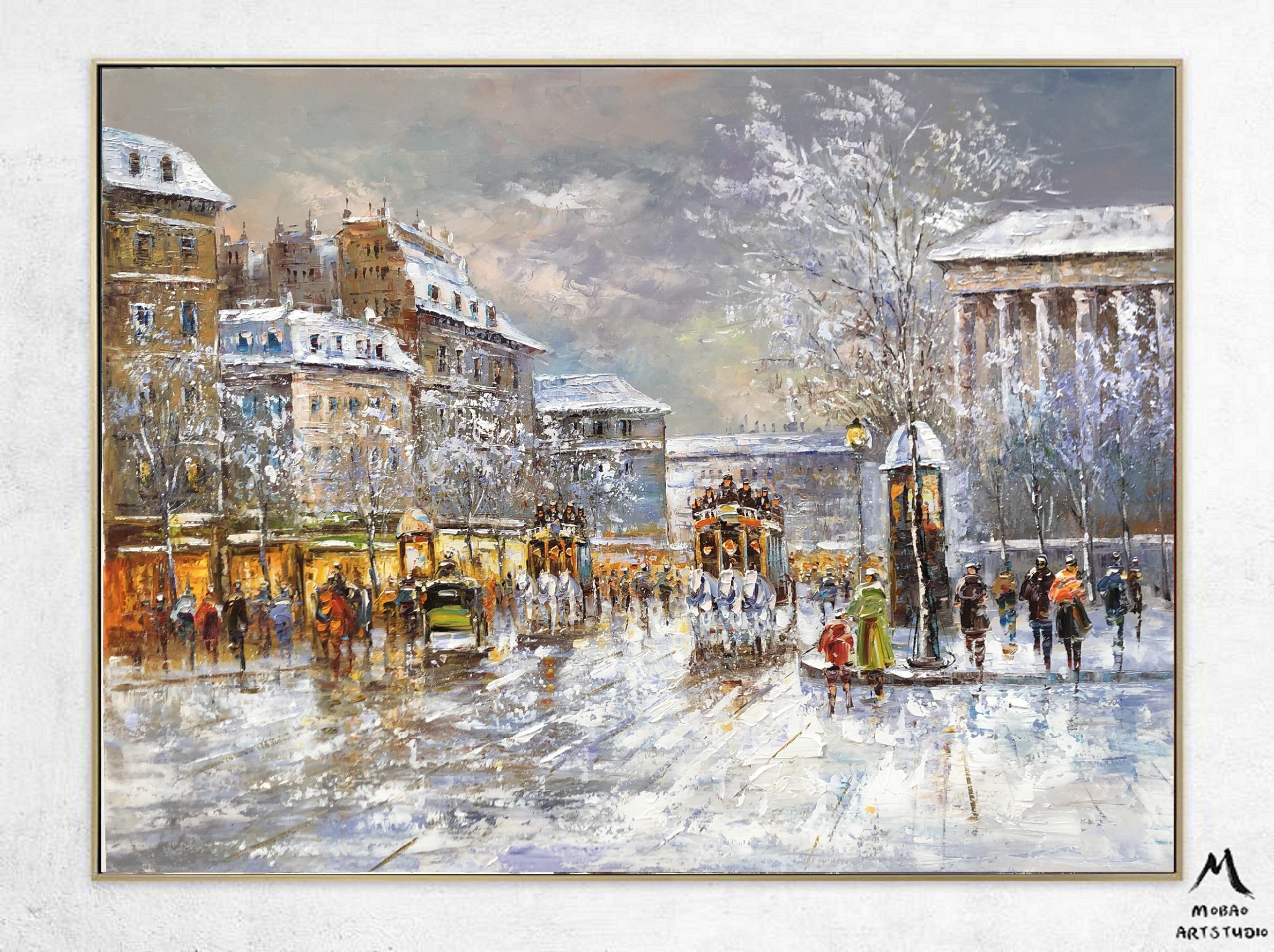 パリの街の風景油絵、パリの街の雪景色の絵画、オリジナルのパリの街の