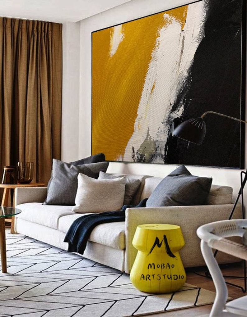 Black Abstract Painting Original, shops Yellow Painting White Painting,Minimalist Abstract Art,White Abstract Painting,Modern Living Room Art