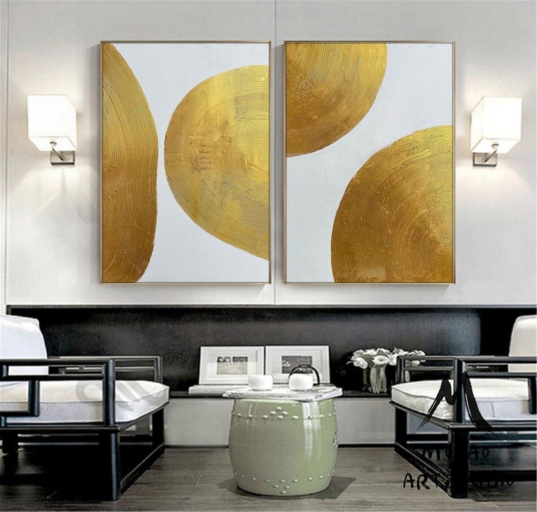 Gold Minimalist Abstract Painting Set of 2 Gold Leaf Art White - Etsy
