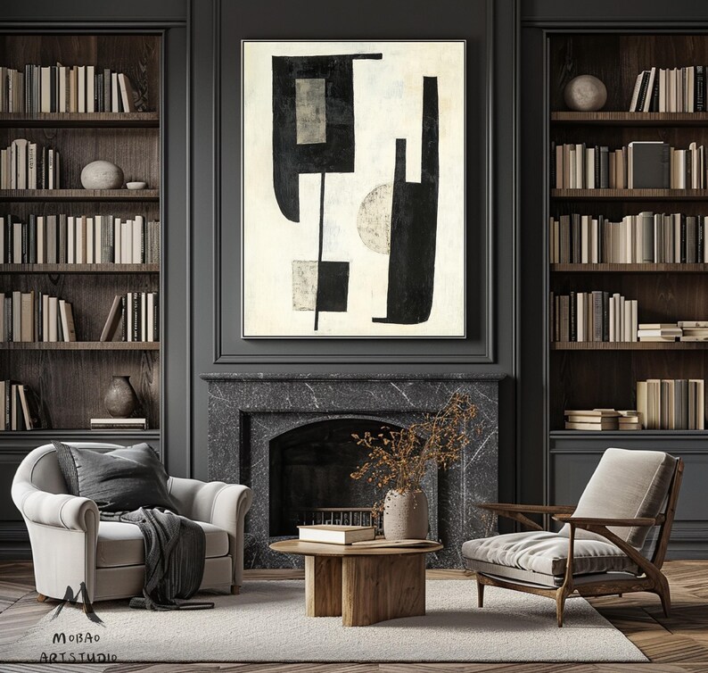 Beige Abstract Painting Black Canvas Painting Beige Minimalist Painting Beige Canvas Wall Art Black Minimalist Wall Art Living Room Wall Art
