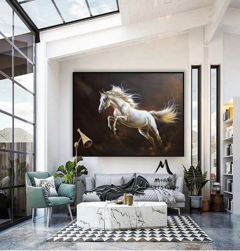 White Horse Painting Large Oil Painting Horse Wall Art Large Canvas Art Horse Decor Horse Oil Painting Large Wall Art Living Room Art M5131 48*64（122*163 cm） inches