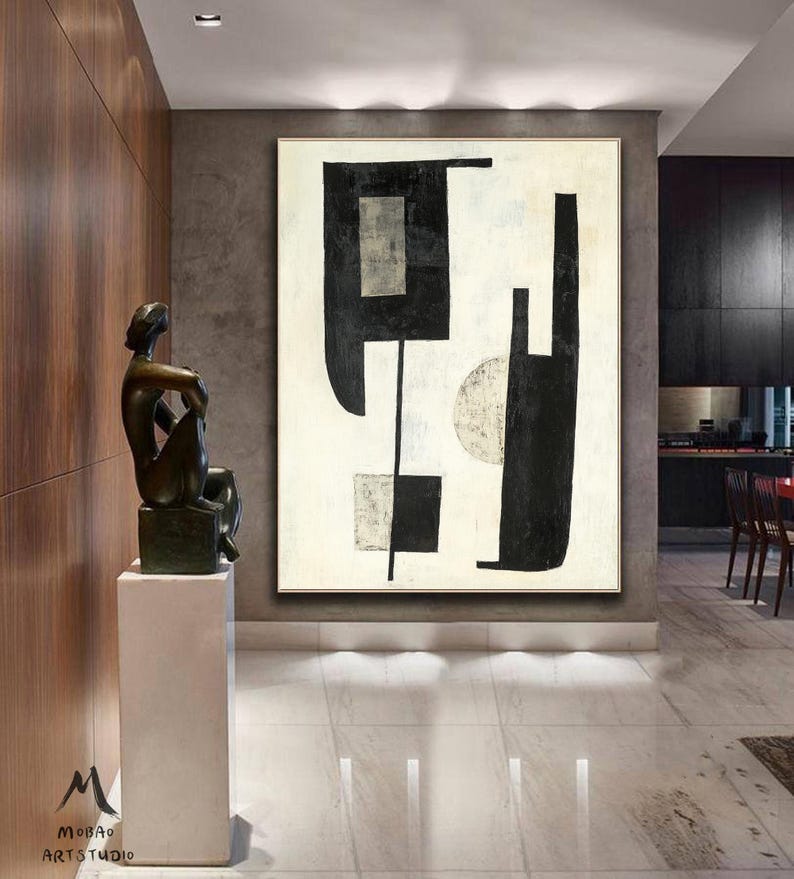 Beige Abstract Painting Black Canvas Painting Beige Minimalist Painting Beige Canvas Wall Art Black Minimalist Wall Art Living Room Wall Art