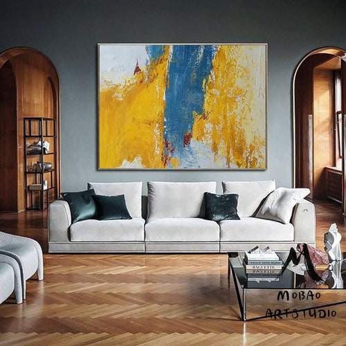 Large Wall Yellow Abstract Painting, Blue Abstract Painting, Textured Abstract Painting, Original deals Minimalist Style Painting,Contemporary Art