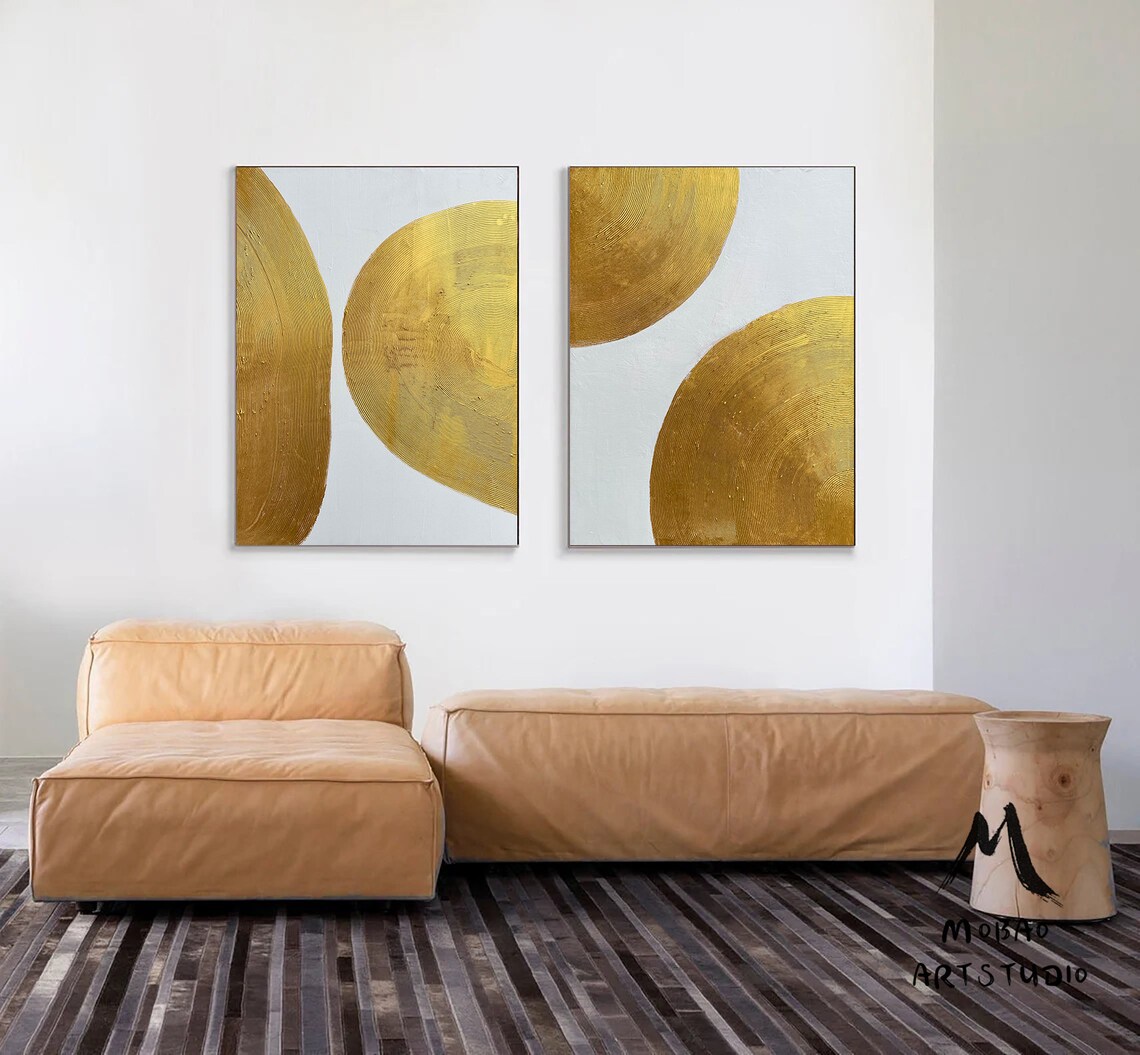 Gold Minimalist Abstract Painting Set of 2 Gold Leaf Art White - Etsy