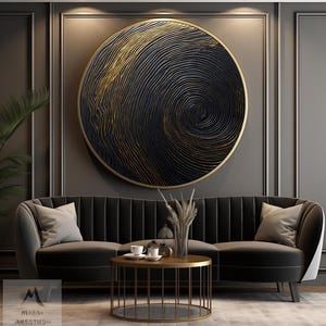 Pintura abstracta circular: lienzo texturizado negro y dorado - Hecho a mano