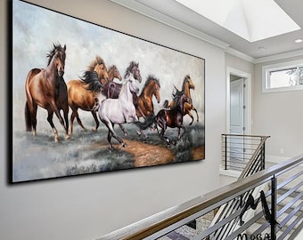 May include: A large rectangular wall art piece featuring a dynamic oil painting of a herd of horses galloping across a field. The scene includes brown, white, and black horses in motion against a cloudy, muted sky with earthy tones and textures.