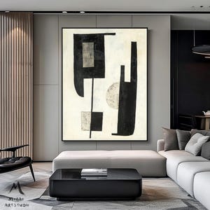 Beige Abstract Painting Black Canvas Painting Beige Minimalist Painting Beige Canvas Wall Art Black Minimalist Wall Art Living Room Wall Art