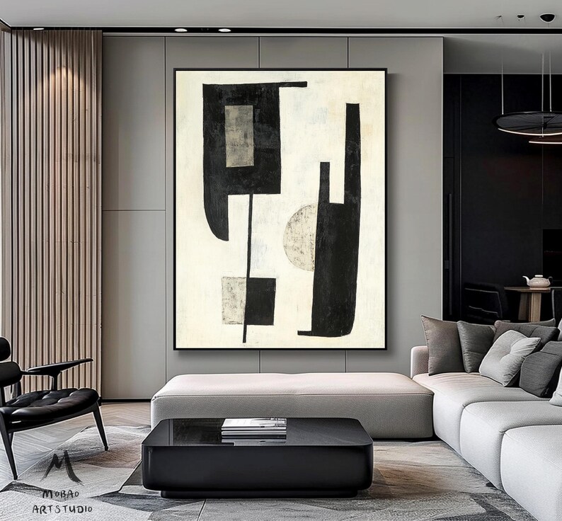 Beige Abstract Painting Black Canvas Painting Beige Minimalist Painting Beige Canvas Wall Art Black Minimalist Wall Art Living Room Wall Art