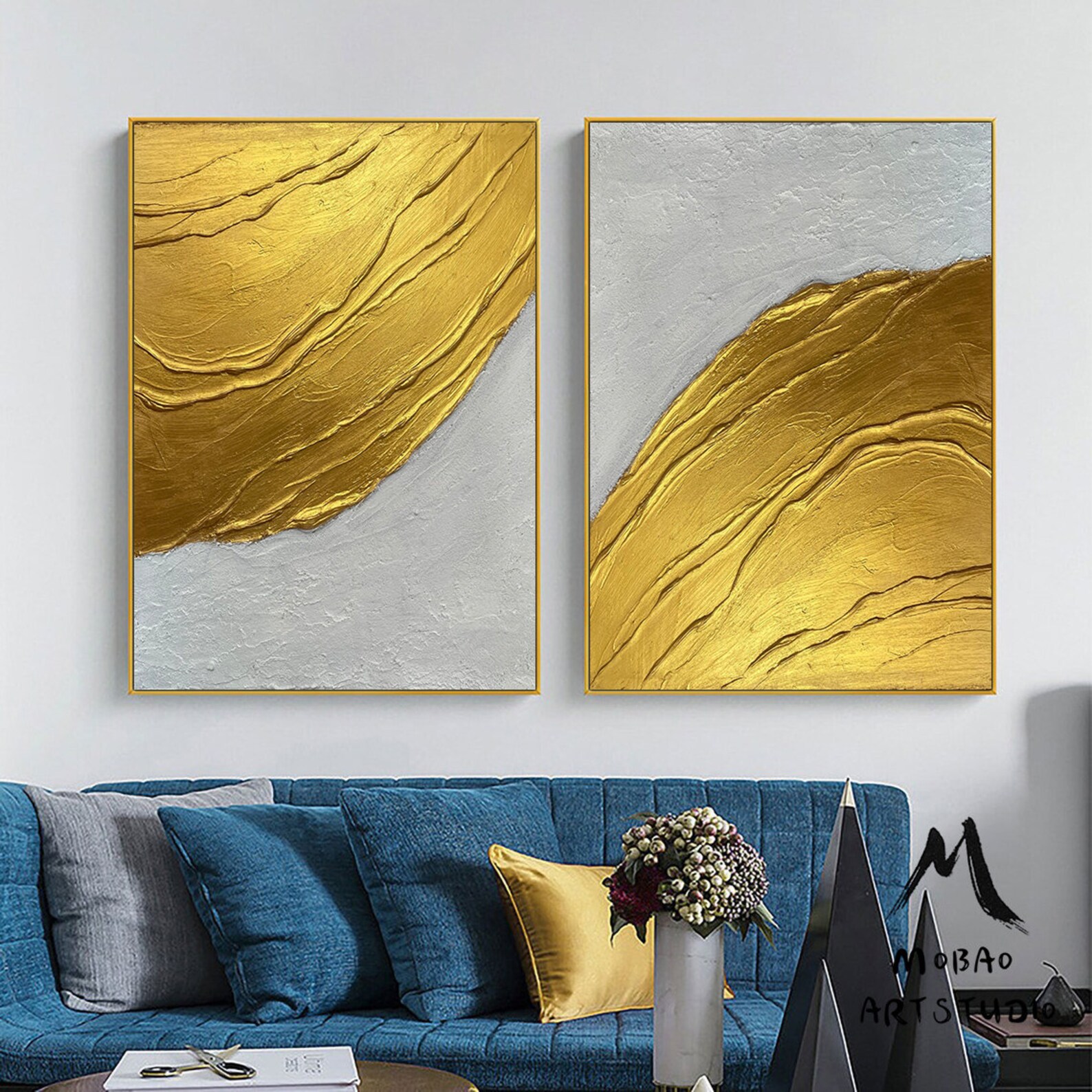 Gold 3D Textured Painting Set of 2 White Abstract Painting Etsy
