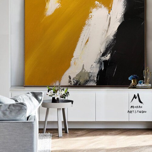 Black Abstract Painting Original, shops Yellow Painting White Painting,Minimalist Abstract Art,White Abstract Painting,Modern Living Room Art