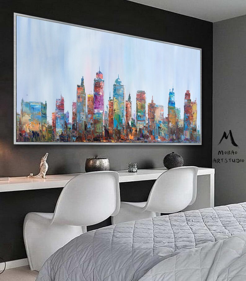 Large City Abstract Painting on Canvas Wall Art City Skyline Etsy
