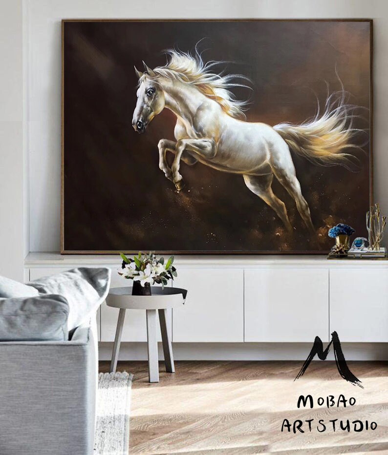 White Horse Painting Large Oil Painting Horse Wall Art Large Canvas Art Horse Decor Horse Oil Painting Large Wall Art Living Room Art M5131 40*54（102*137 cm） inches