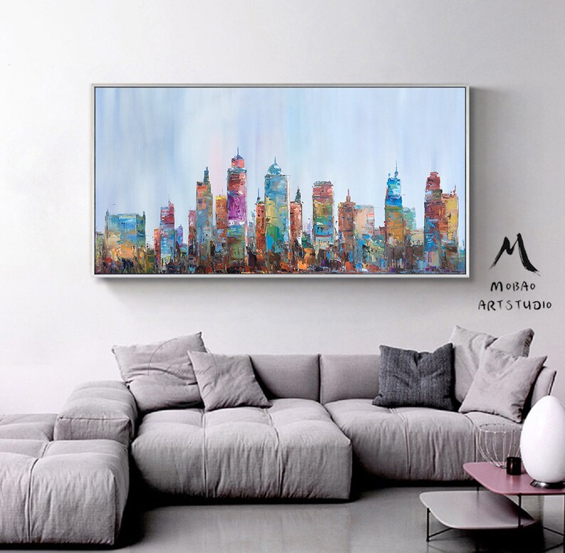 Large City Abstract Painting on Canvas Wall Art City Skyline Etsy
