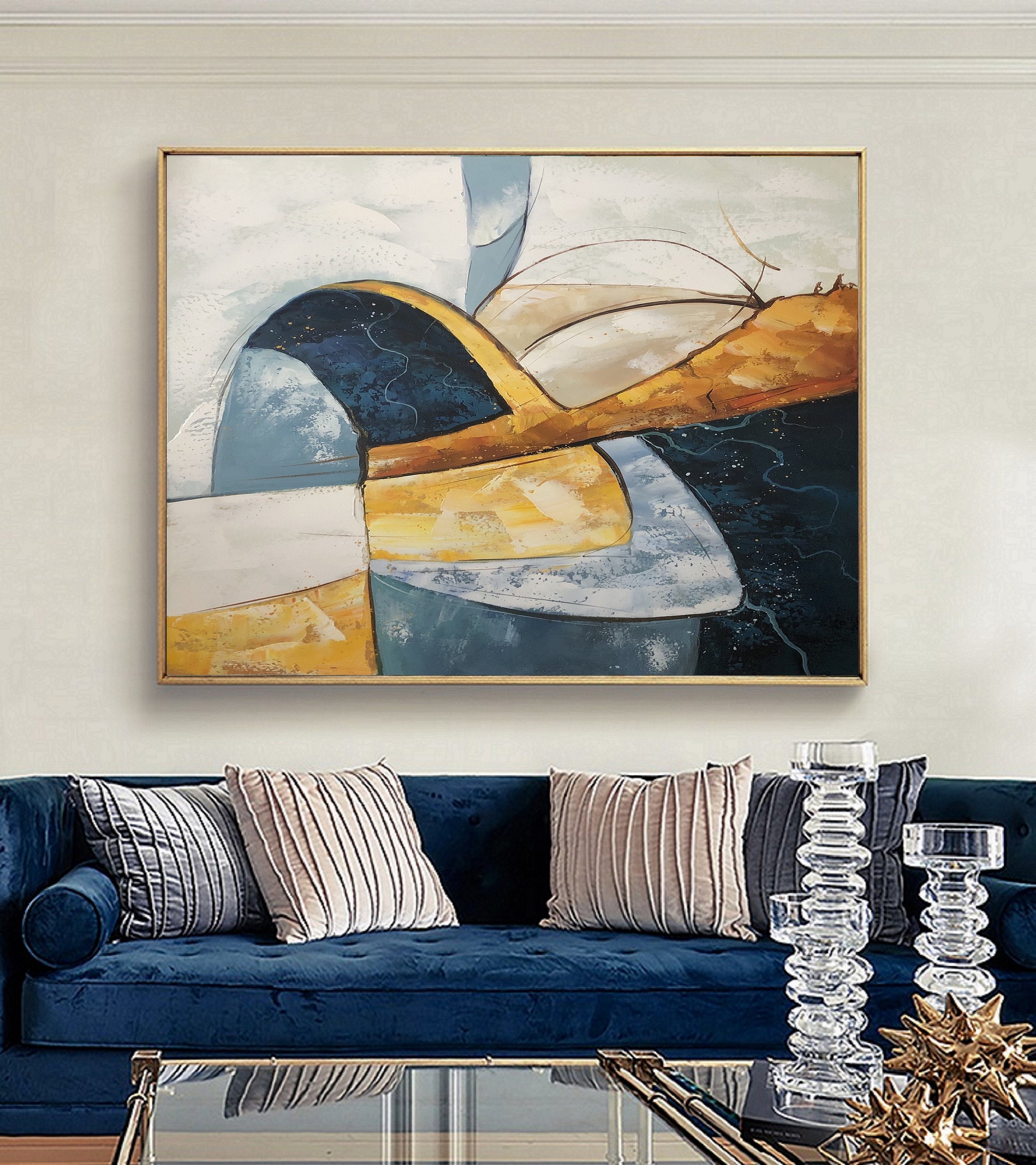 Large Blue Abstract Art On Canvas PaintingBeige Abstract | Etsy