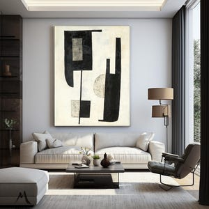 Beige Abstract Painting Black Canvas Painting Beige Minimalist Painting Beige Canvas Wall Art Black Minimalist Wall Art Living Room Wall Art