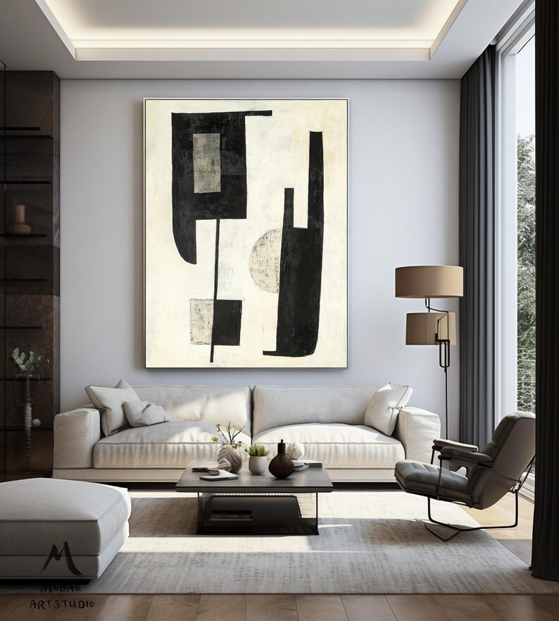 Beige Abstract Painting Black Canvas Painting Beige Minimalist Painting Beige Canvas Wall Art Black Minimalist Wall Art Living Room Wall Art