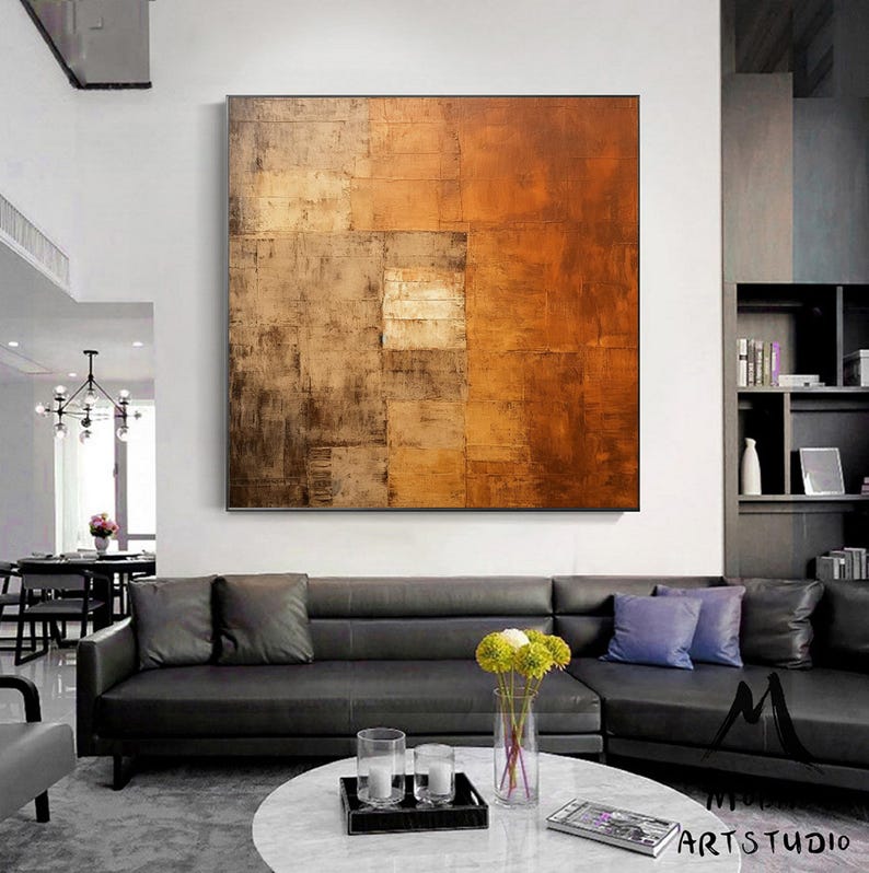 Pintura abstrata com textura: tela marrom e laranja (opções de tamanho personalizado) imagem 3