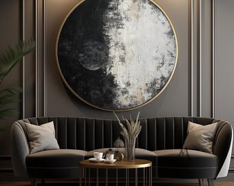 Abstract Circle Canvas Painting, Black & White Textured (Large Size)