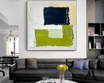 Peinture abstraite verte, peinture abstraite bleue et verte sur toile texturée (grande œuvre peinte à la main)