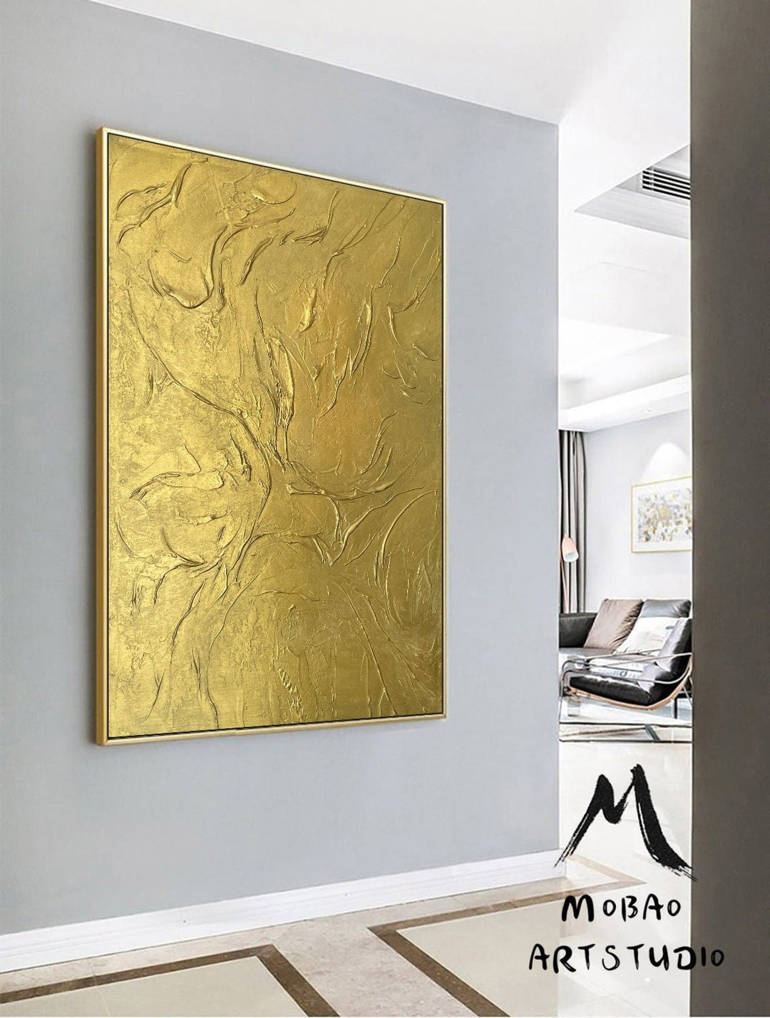 Pintura texturizada en 3D de oro, pintura de pan de oro, arte de oro  grande, decoración de pared de oro, arte de pared de textura, decoración  sobre la cama, pintura abstracta original 