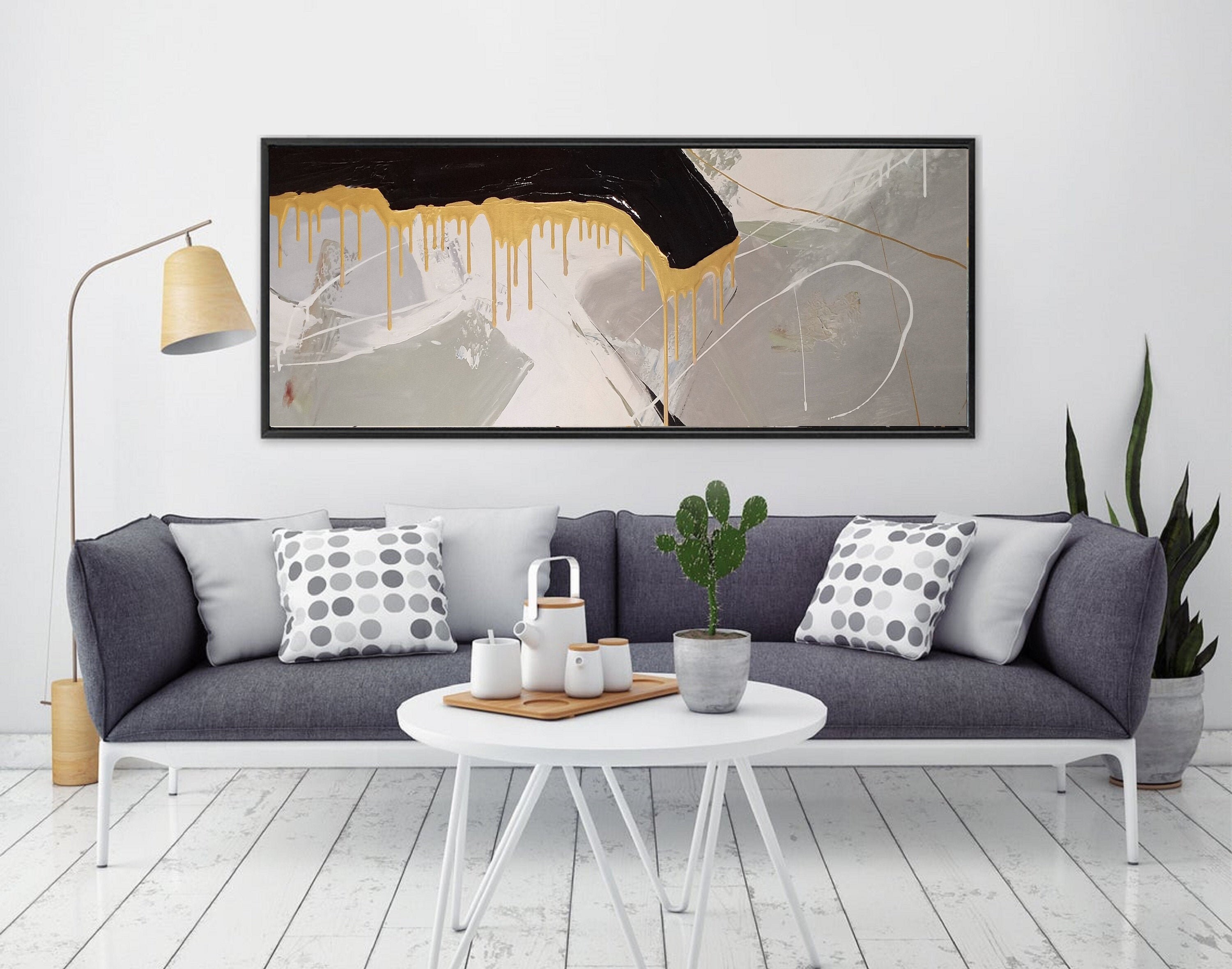 Sofa Wall Art Large Gray Minimalist Abstract Painting Gold Etsy