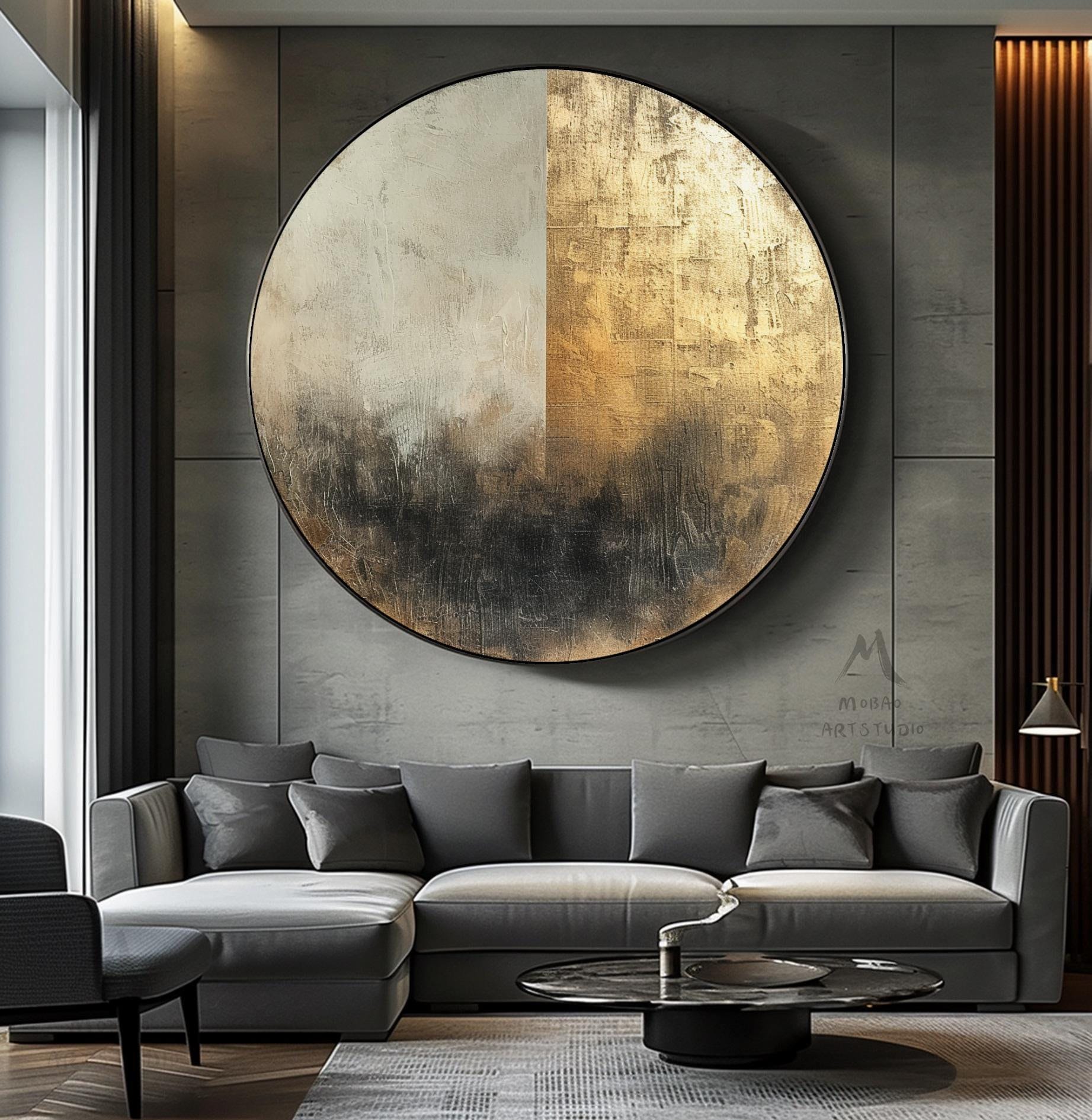 TAKU様用｜2枚｜ゴールド×シルバーテクスチャーアート｜ゴールド円形｜抽象画 円形抽象画：ゴールドとベージュのテクスチャーアート（大型サイズ