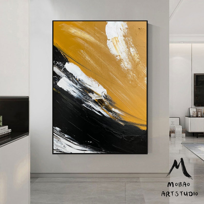 Large Yellow Painting Abstract Art Extra Large Black Painting Etsy