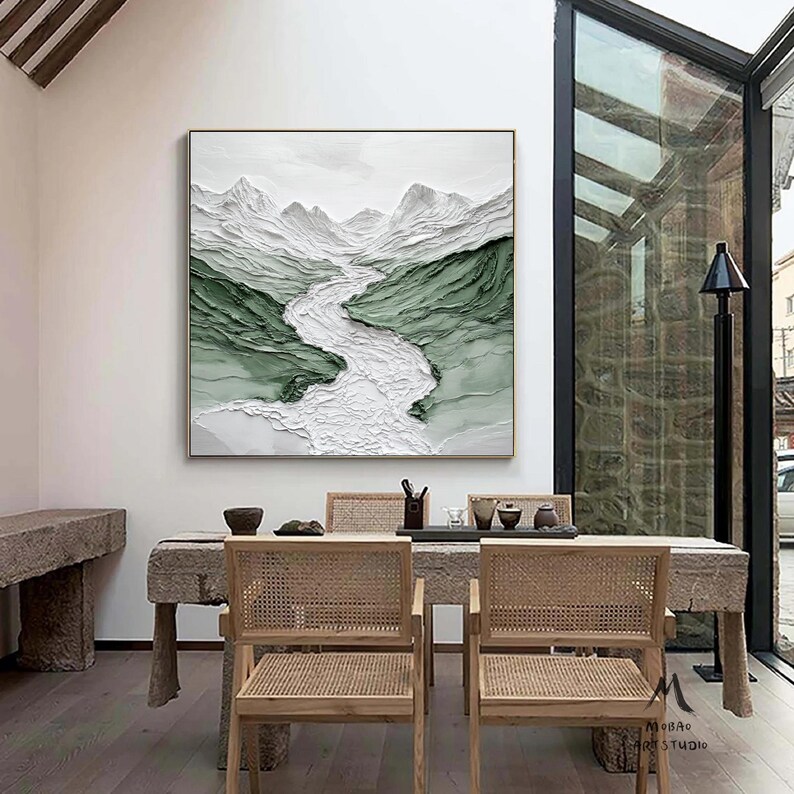 White & Light Green With 3D Texture Painting Mountain Wall Art Large ...