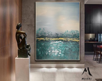 Green Abstract Painting Abstract Wall Art: Emerald Green Oil Painting - Handmade Canvas
