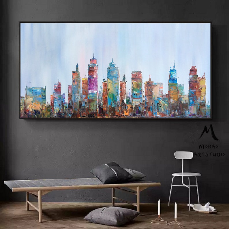 Large City Abstract Painting on Canvas Wall Art City Skyline Etsy
