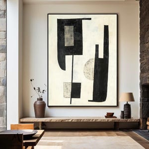 Beige Abstract Painting Black Canvas Painting Beige Minimalist Painting Beige Canvas Wall Art Black Minimalist Wall Art Living Room Wall Art