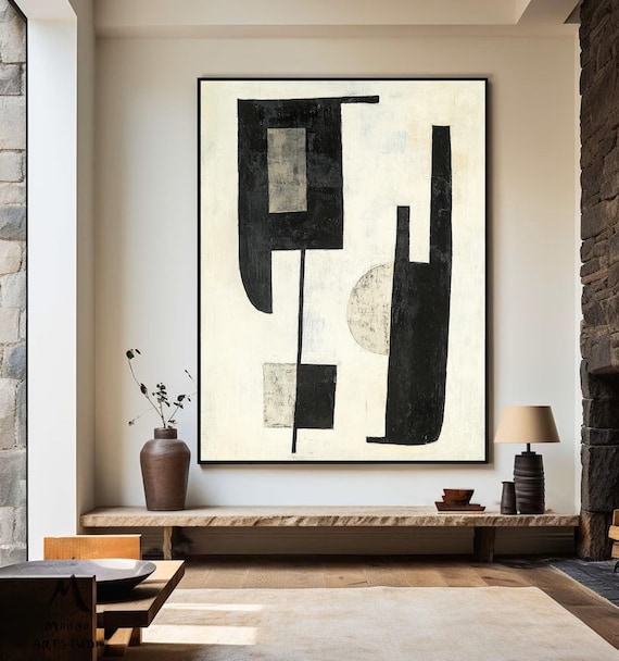 Abstract Canvas Art Minimalist Painting: Beige Black Contrast, Handmade  (Custom Sizes, Unframed Canvas, Neutral Palette)
